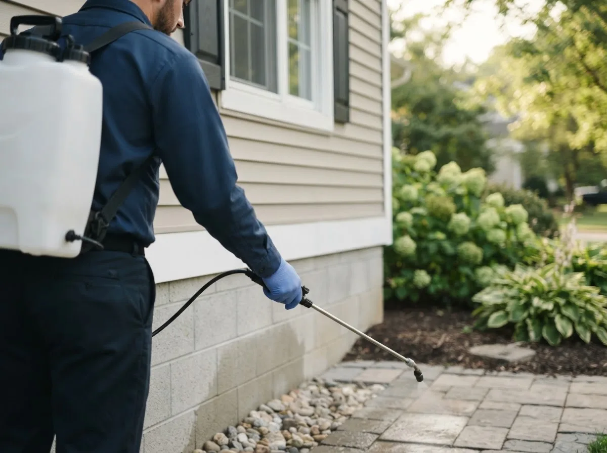 Pest control technician inspecting a home in Vanderwagen, NM
